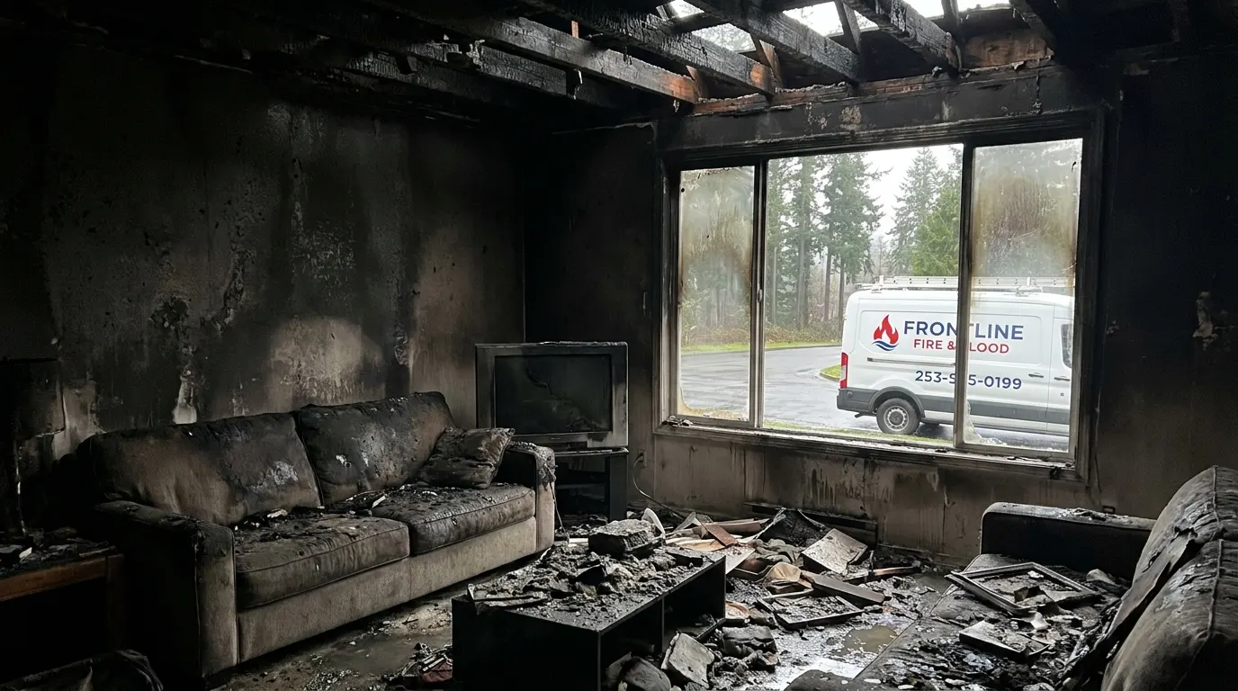 Living room with severe fire damage and charred walls before restoration