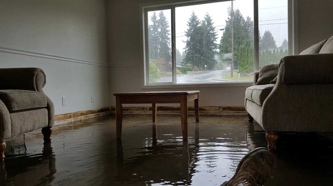 Flooded living room with standing water before restoration